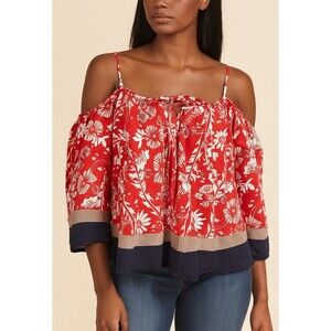 Double Zero blouse top flowy cold shoulder red/blue Hawaiian SZ SM 100% cotton